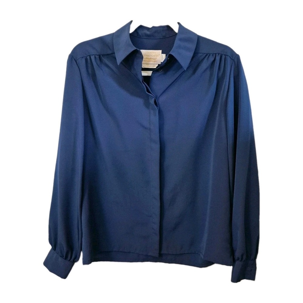 Pendleton Blouse Women Size 10 Blue High Neck Balloon Sleeve Button Top Vintage